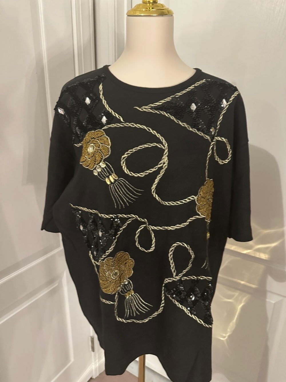 Rare Vintage Kamiran Black Women's Embellished Rope-Detail Top Sz M